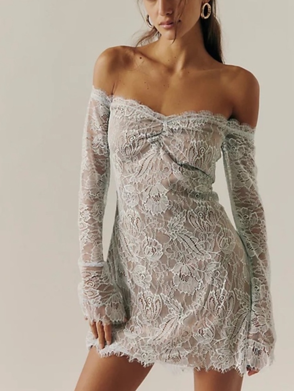 Retrofete Aino Lace Off The Shoulder Long Sleeve Ice Light Blue Mini Dress NEW